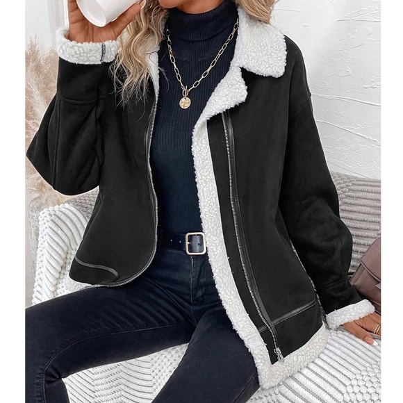 Luxe Vegan Suede Sherpa Lined Zip up Jacket Coat - Picture 4 of 9